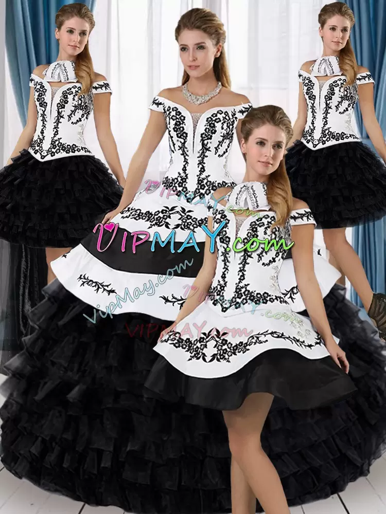 Affordable White And Black Sleeveless Floor Length Embroidery and Ruffled Layers Lace Up Ball Gown Prom Dress Off The Shoulder