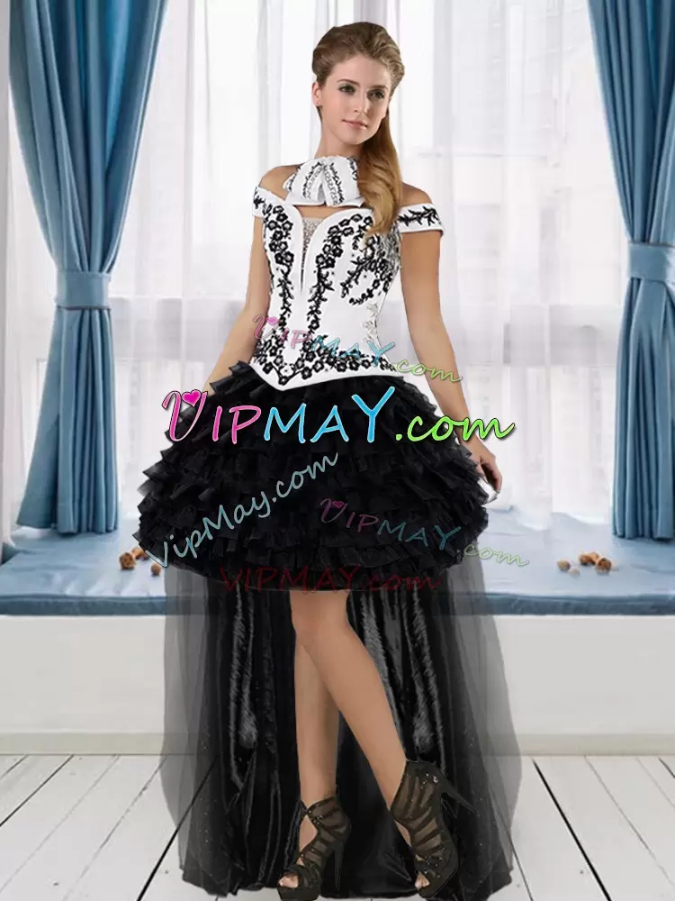 Affordable White And Black Sleeveless Floor Length Embroidery and Ruffled Layers Lace Up Ball Gown Prom Dress Off The Shoulder