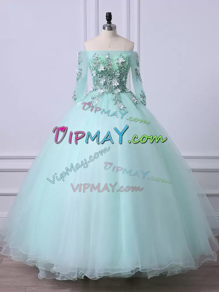 Sweet Off The Shoulder 3 4 Length Sleeve Tulle Sweet 16 Dress with Jewelry Beading Lace Up