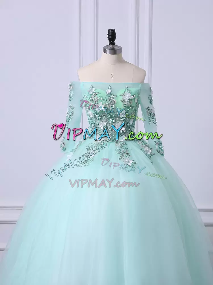 Sweet Off The Shoulder 3 4 Length Sleeve Tulle Sweet 16 Dress with Jewelry Beading Lace Up