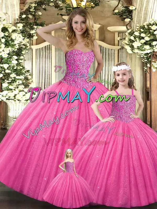 Glorious Hot Pink Lace Up Sweetheart Beading Quinceanera Gowns Tulle Sleeveless