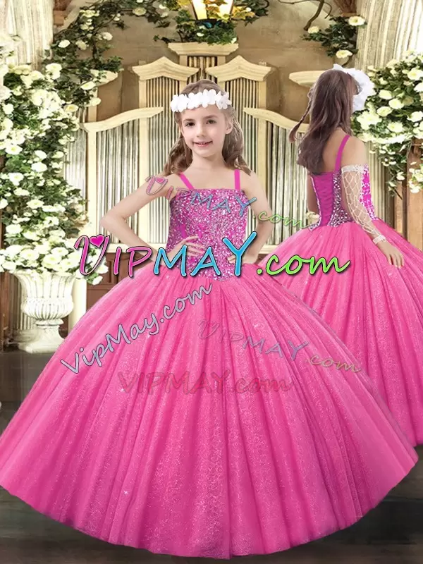 Glorious Hot Pink Lace Up Sweetheart Beading Quinceanera Gowns Tulle Sleeveless