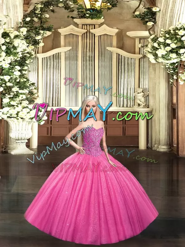 Glorious Hot Pink Lace Up Sweetheart Beading Quinceanera Gowns Tulle Sleeveless