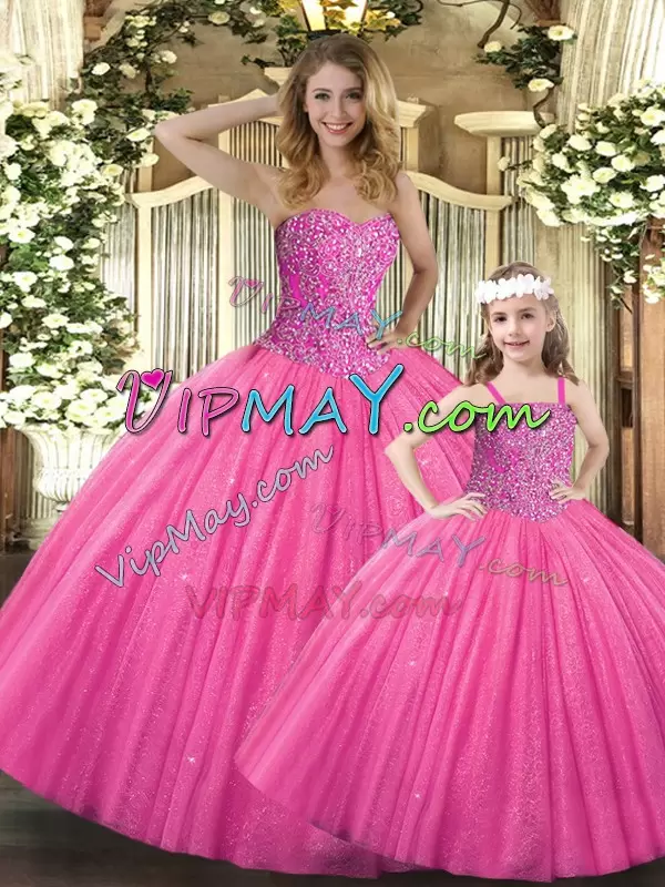 Glorious Hot Pink Lace Up Sweetheart Beading Quinceanera Gowns Tulle Sleeveless