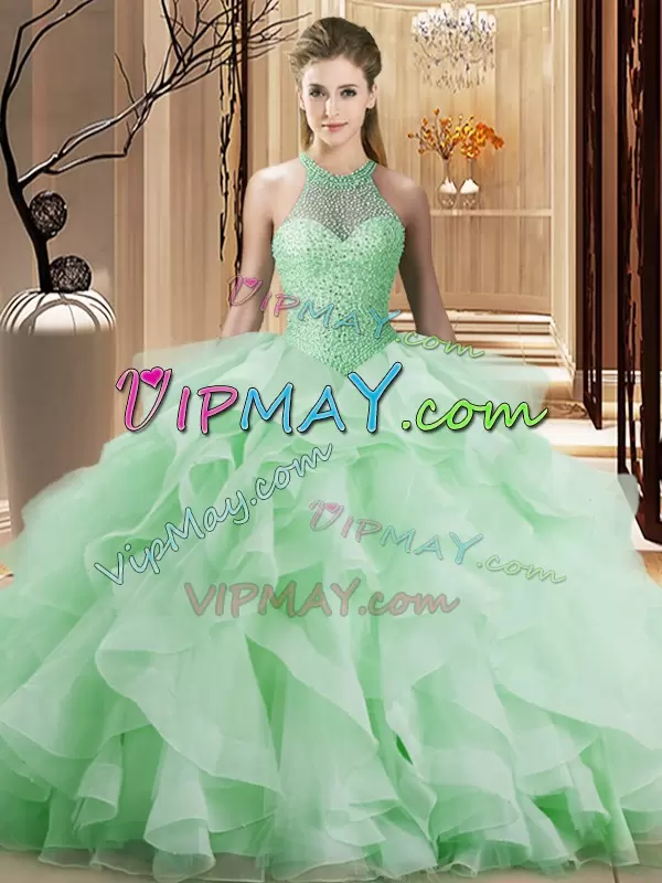 Sleeveless Organza Brush Train Lace Up 15th Birthday Dress in Apple Green with Beading and Ruffles