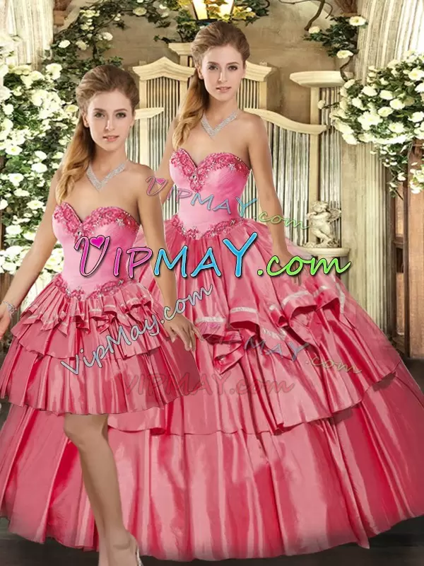 Three Pieces Quinceanera Gown Watermelon Red Sweetheart Organza Sleeveless Floor Length Lace Up