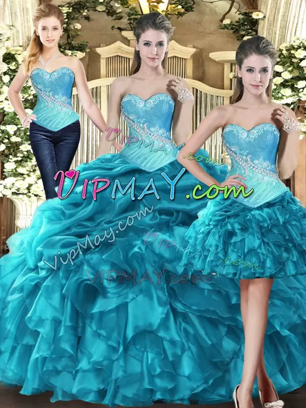 Teal Tulle Lace Up Sweetheart Sleeveless Floor Length Sweet 16 Quinceanera Dress Beading and Ruffles