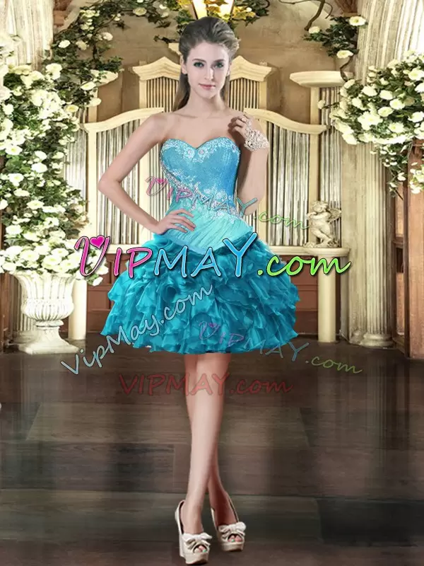 Teal Tulle Lace Up Sweetheart Sleeveless Floor Length Sweet 16 Quinceanera Dress Beading and Ruffles