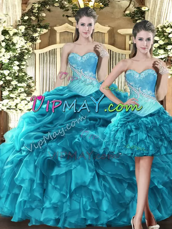 Teal Tulle Lace Up Sweetheart Sleeveless Floor Length Sweet 16 Quinceanera Dress Beading and Ruffles