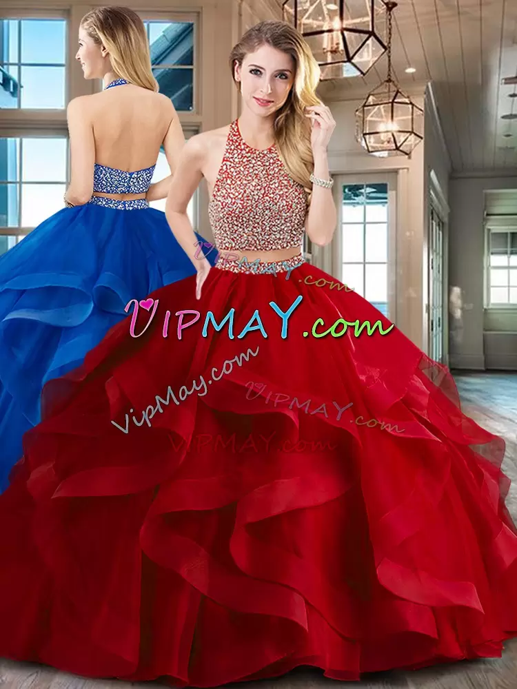 Elegant With Train Two Pieces Sleeveless Red Quinceanera Gowns Brush Train Backless