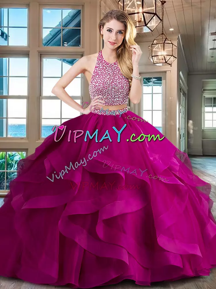 Elegant With Train Two Pieces Sleeveless Red Quinceanera Gowns Brush Train Backless