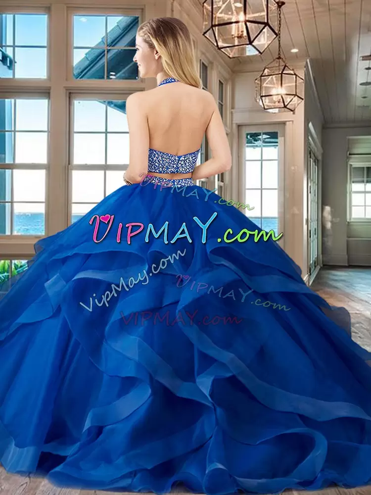 Elegant With Train Two Pieces Sleeveless Red Quinceanera Gowns Brush Train Backless