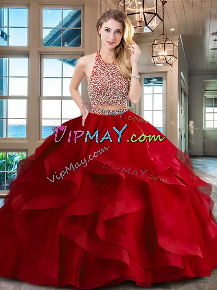 Elegant With Train Two Pieces Sleeveless Red Quinceanera Gowns Brush Train Backless