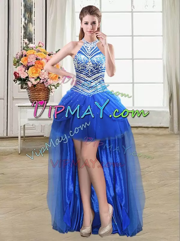 Great Sleeveless Halter Top Beading and Pick Ups Lace Up Quince Ball Gowns