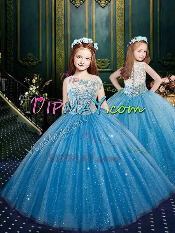 Graceful Floor Length Baby Blue Quinceanera Gowns Tulle Sleeveless Lace