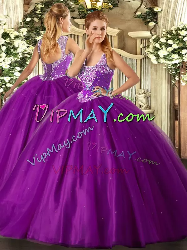 Purple Quinceanera Dress Military Ball and Sweet 16 and Quinceanera with Beading Straps Sleeveless Lace Up