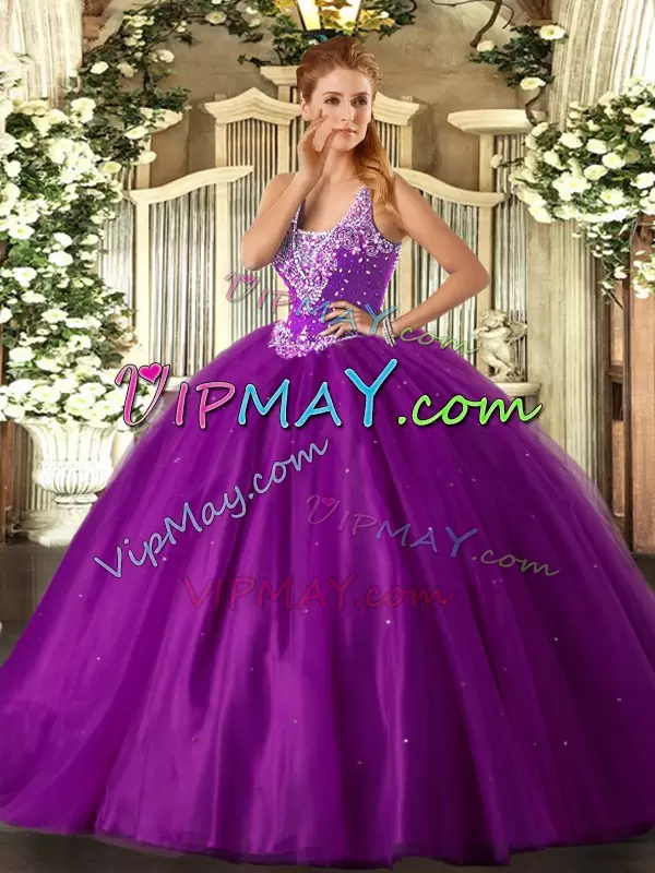 Purple Quinceanera Dress Military Ball and Sweet 16 and Quinceanera with Beading Straps Sleeveless Lace Up