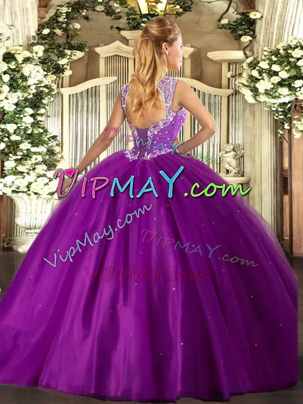 Purple Quinceanera Dress Military Ball and Sweet 16 and Quinceanera with Beading Straps Sleeveless Lace Up