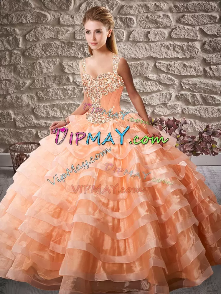 Sleeveless Straps Court Train Lace Up Beading and Ruffled Layers Quinceanera Dress Straps