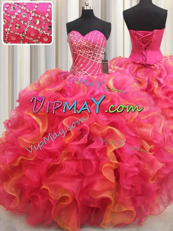 Exquisite Sleeveless Organza Floor Length Lace Up Quinceanera Gown in Multi-color with Beading and Ruffles