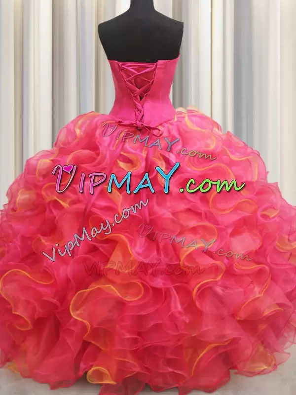 Exquisite Sleeveless Organza Floor Length Lace Up Quinceanera Gown in Multi-color with Beading and Ruffles