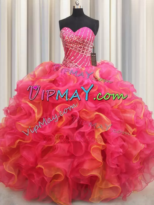 Exquisite Sleeveless Organza Floor Length Lace Up Quinceanera Gown in Multi-color with Beading and Ruffles