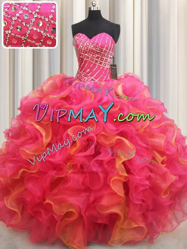 Exquisite Sleeveless Organza Floor Length Lace Up Quinceanera Gown in Multi-color with Beading and Ruffles