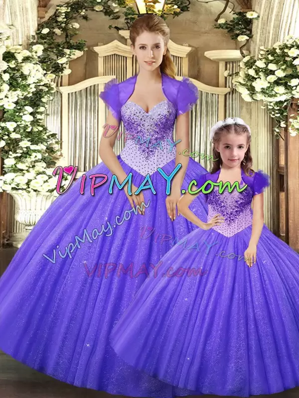 Cheap Purple Straps Neckline Beading Sweet 16 Dress Sleeveless Lace Up