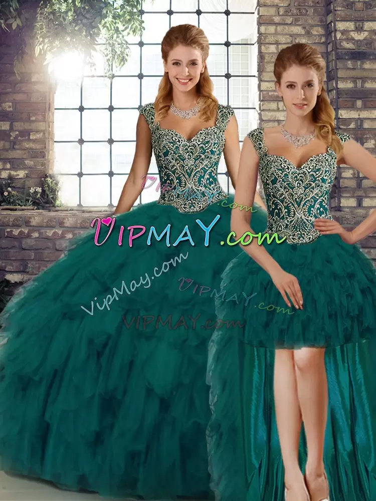 Peacock Green Organza Lace Up Straps Sleeveless Floor Length Sweet 16 Dresses Beading and Ruffles