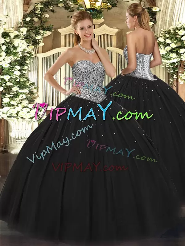 White and Black Sweetheart Beaded Bodice Puffy Skirt Quinceanera Gowns