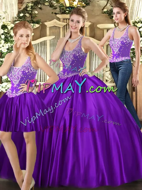 Purple Sleeveless Beading Floor Length Quinceanera Gowns