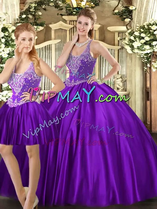 Purple Sleeveless Beading Floor Length Quinceanera Gowns