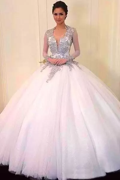 V-neck Long Sleeves Lace Up Quinceanera Dresses Pink Tulle Appliques