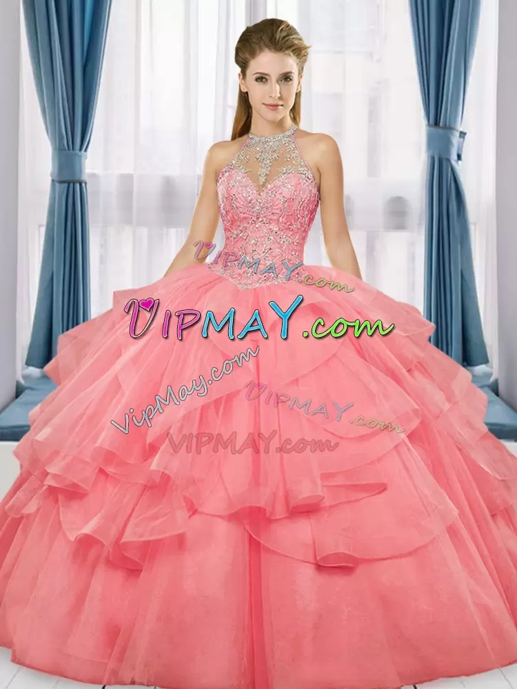 Luxury Watermelon Red Sleeveless Floor Length Beading and Ruffles Lace Up Sweet 16 Dress High-neck