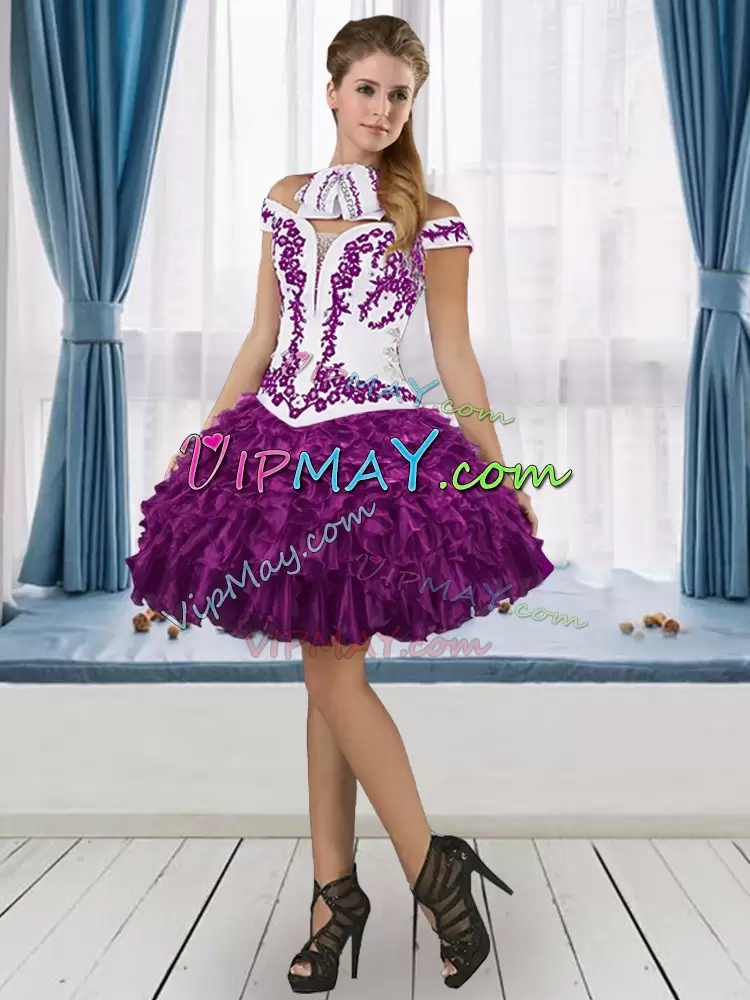 Organza Off The Shoulder Sleeveless Lace Up Embroidery and Ruffled Layers Quinceanera Gown in White And Purple