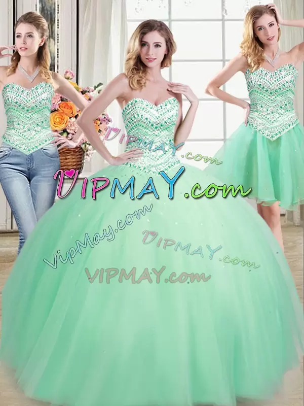 Beading Quinceanera Dress Apple Green Lace Up Sleeveless Floor Length