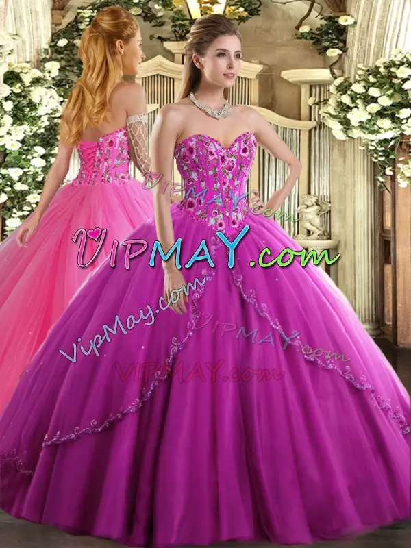 Glittering Ball Gowns Sleeveless Fuchsia Sweet 16 Quinceanera Dress Brush Train Lace Up