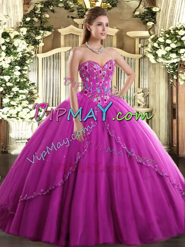 Glittering Ball Gowns Sleeveless Fuchsia Sweet 16 Quinceanera Dress Brush Train Lace Up