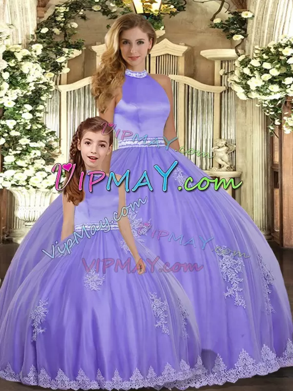 Lavender Tulle Backless Halter Top Sleeveless Floor Length Quinceanera Gowns Beading and Appliques