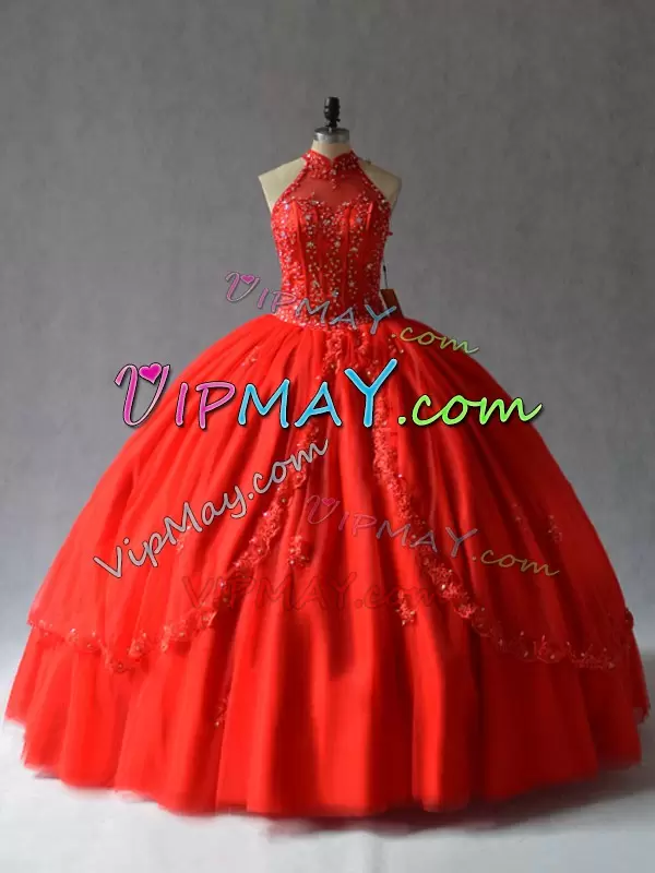 Extravagant Red Sleeveless Appliques Floor Length Sweet 16 Dress