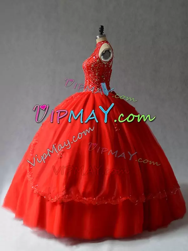 Extravagant Red Sleeveless Appliques Floor Length Sweet 16 Dress