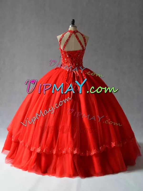 Extravagant Red Sleeveless Appliques Floor Length Sweet 16 Dress