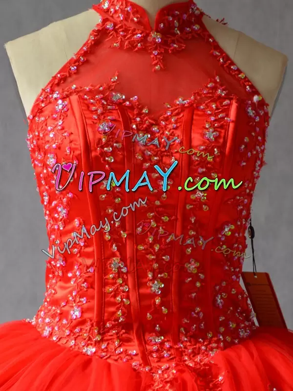 Extravagant Red Sleeveless Appliques Floor Length Sweet 16 Dress