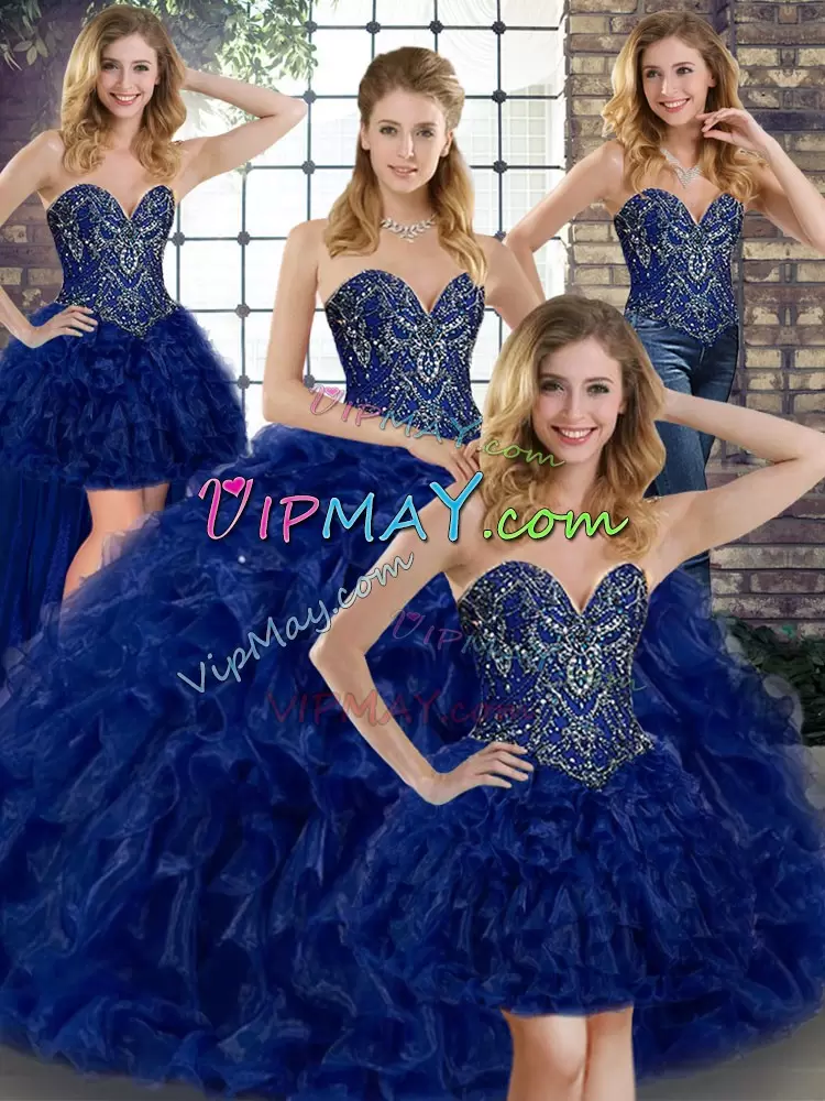 Royal Blue Sweetheart Lace Up Beading and Ruffles Quinceanera Dress Sleeveless