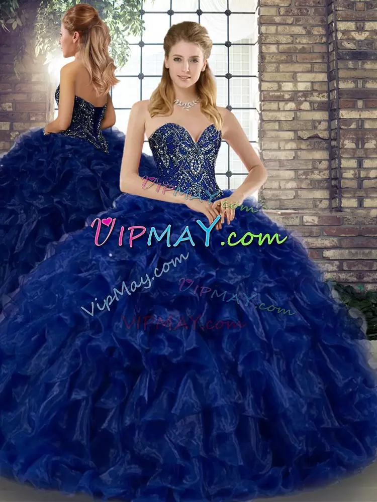 Royal Blue Sweetheart Lace Up Beading and Ruffles Quinceanera Dress Sleeveless