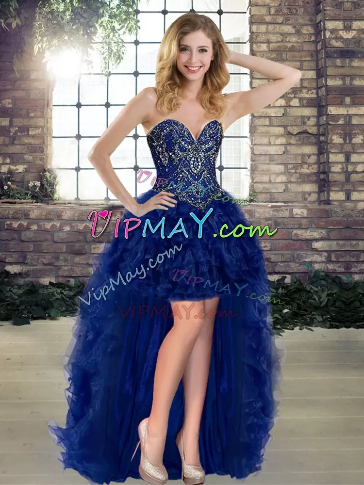 Royal Blue Sweetheart Lace Up Beading and Ruffles Quinceanera Dress Sleeveless