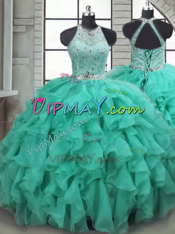 Hot Selling Ball Gowns Sleeveless Turquoise Sweet 16 Dresses Brush Train Lace Up