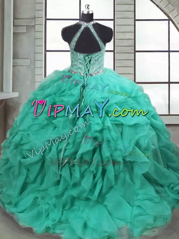 Hot Selling Ball Gowns Sleeveless Turquoise Sweet 16 Dresses Brush Train Lace Up