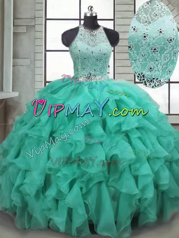 Hot Selling Ball Gowns Sleeveless Turquoise Sweet 16 Dresses Brush Train Lace Up