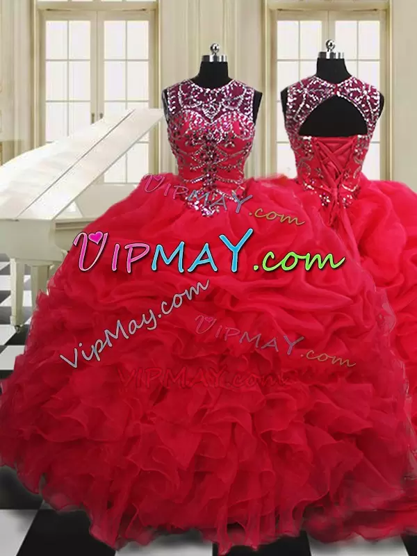 Popular Floor Length Red 15 Quinceanera Dress Organza Sleeveless Beading and Pick Ups